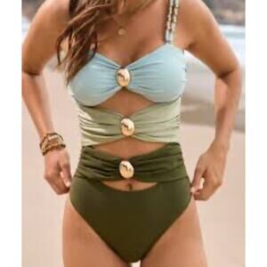 Amazon small NWOT green blue cut out stomach gold accents one piece